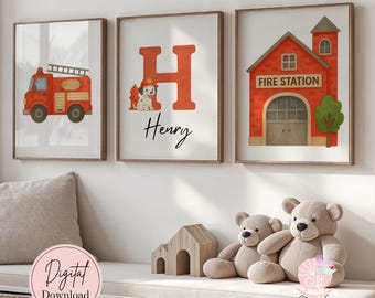 Personalized Firetruck Nursery Wall Art | Set of 3 Firefighter Baby Boy Nursery Decor | Watercolor Fire Engine Print | Digital Download