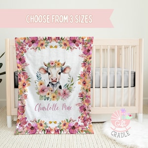Personalized Cow Baby Blanket Name | Farmhouse Nursery Decor | Western Baby Girl Bedding | Farm Theme Baby Shower | Farm Animal Baby Blanket