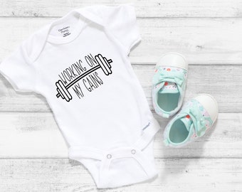 Gym Onesies®, Workout Onesies®, Working On My Gains Onesies®, Gym Baby Clothes, Gym Baby Shower, Fitness Baby Announcement, Barbell Baby