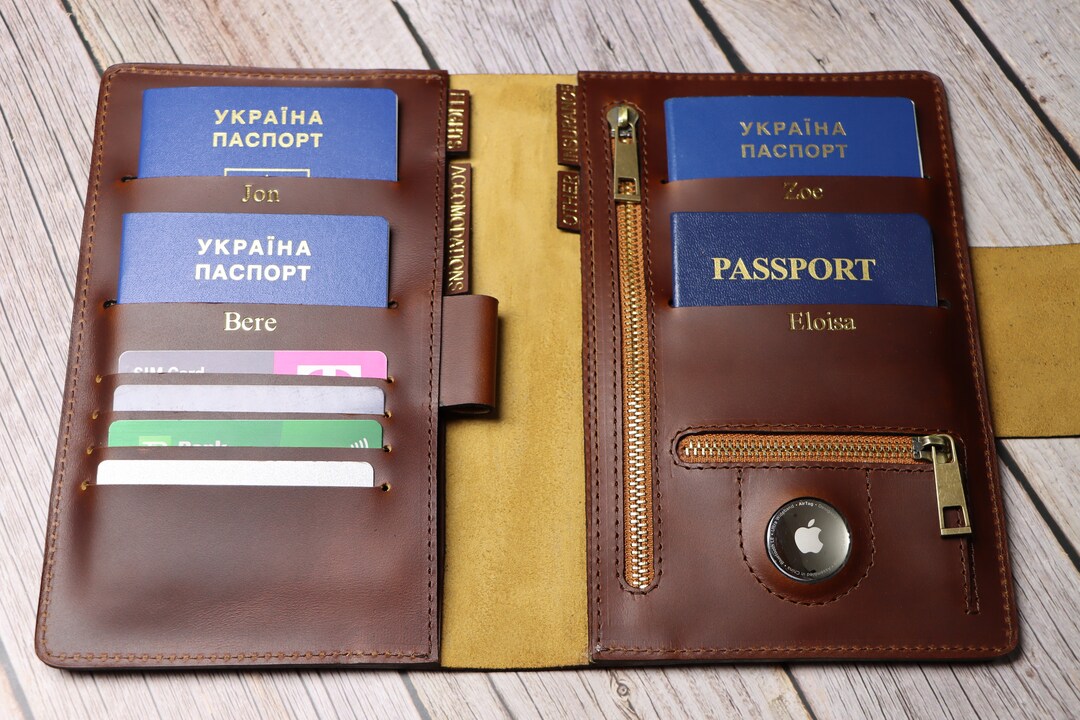 Family Passport Holder 4 AirTag Holder Family Travel Wallet 6 Leather