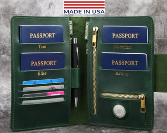 Porta pasaporte familiar 4, ranura para AirTag, billetera de viaje personalizada, organizador de documentos familiares de cuero personalizado con capacidad para 5, 6, 8, 10 y 2