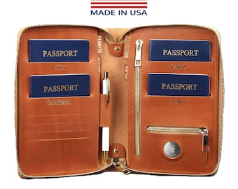 ファミリーパスポートホルダー ジッパー付き ファミリーパスポートウォレット レザー製 AirTag パスポートカバー レザー製 ファミリーパスポート 4 6 8 名入れパスポート収納可能