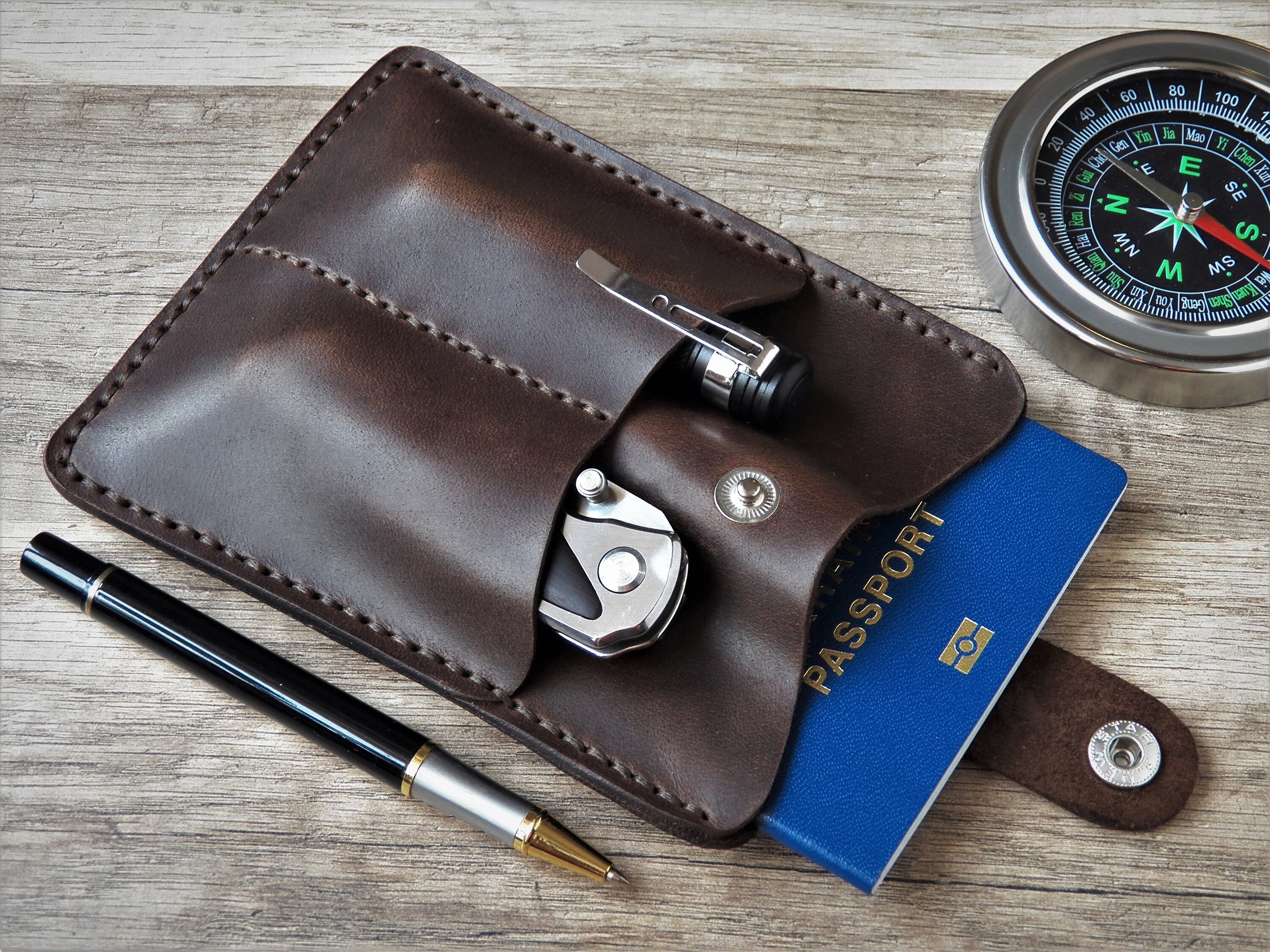 Mens leather wallet EDC pocket organizer Passport wallet Front Etsy