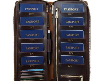 Family passport holder zipper airTag  leather Family travel wallet zipper 10 passport cover leather family passport holds 4 6 8 personalized