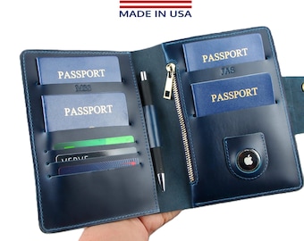 Family passport holder 4 airTag slot Leather travel wallet airTag passport document family passport 5 6 personalized passport organizer blue