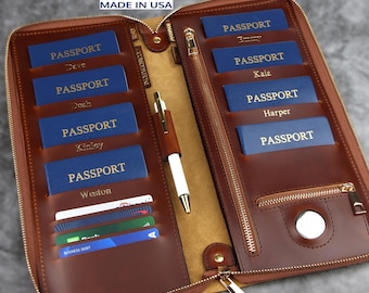 Family passport holder zipper leather airTag travel wallet document organizer 8 passport cover leather family passport holds 6 personalized