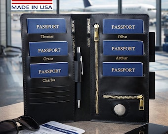 Family passport holder 4, with AirTag, Custom travel wallet, leather passport holder 6, Multiple personalized organizer, cover