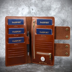Porta pasaporte familiar 5 Billetera de viaje familiar Funda de cuero para pasaporte Pasaporte familiar de cuero con capacidad para 4, 6, 8, 10 y 2 pasaportes personalizados AirTag 7