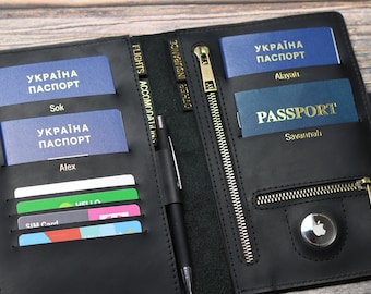 Family passport holder AirTag Family travel wallet leather passport holder airTag dlot family passport holds 4 6 8 10 personalized passport