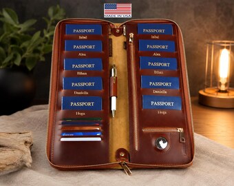 Personalized Family Passport Holder with Zipper & AirTag Pocket, Leather Travel Wallet for 4, 6, 8 or 10 Passports, Made in USA