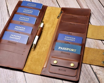 Family passport holder 10 personalized Leather Family travel wallet Passport holdes 4 6 8 12 document organizer brown passport wallet 10