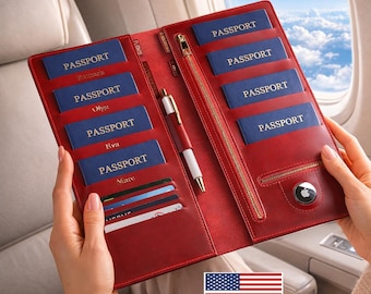 Personalized Leather Family Passport wallet, Red passport holder, wallet women travel wallet, document organizer, air tag slot bag for women