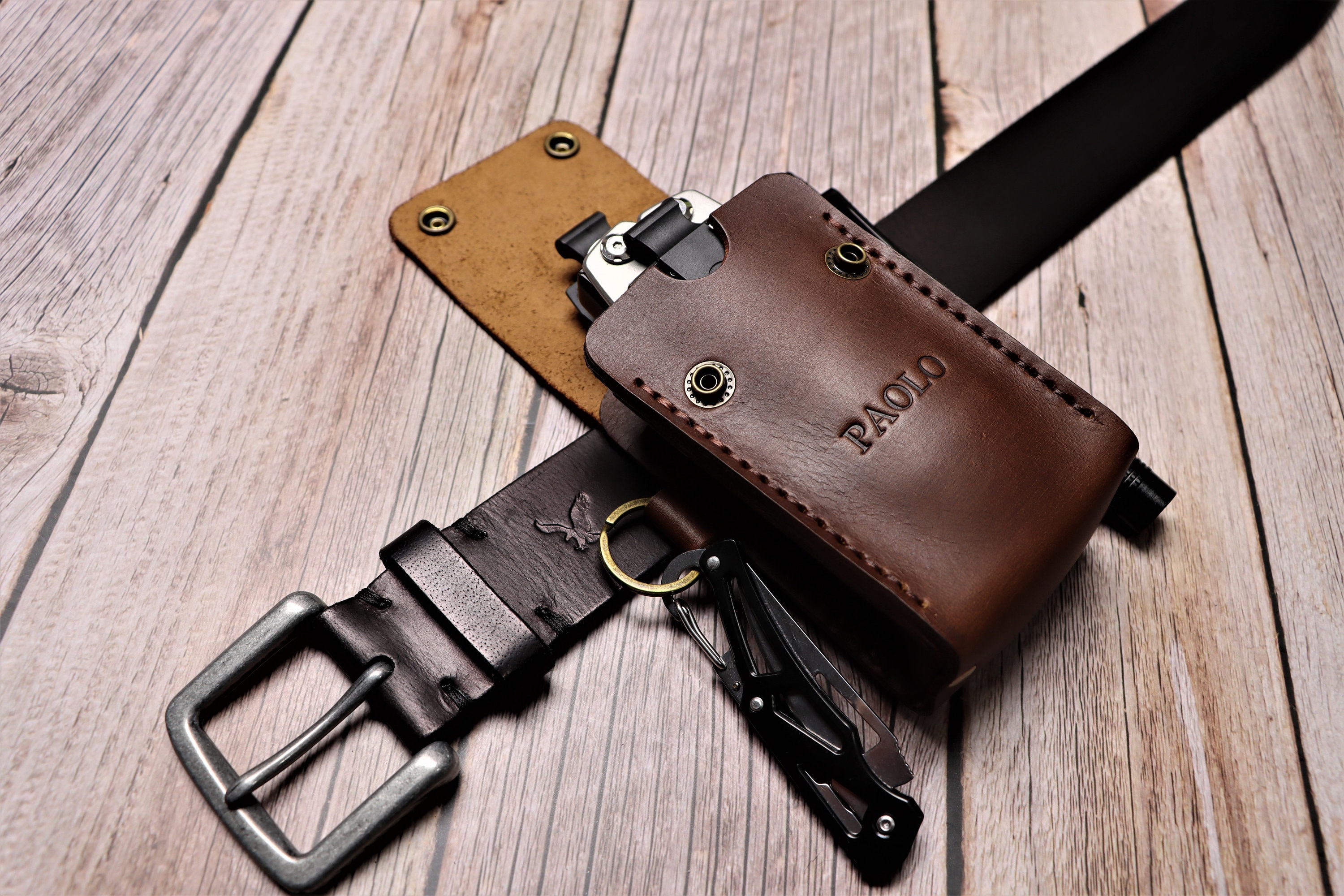 KeyUnity KL01 Lederen tas-organizer met 3 vakken, EDC-multitool-schede voor notebook, zakmessen, zaklampen, pennen en multitool (bruin