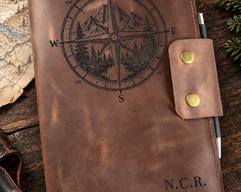 Engraved Compass Leather Journal, Personalized A5 Notebook, Custom Name & Initials, Refillable Travel Adventure Journal, Handmade in USA
