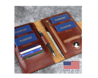 Family passport holder, travel wallet, leather passport holder, document organizer leather  4 6 8 10 2 personalized passport slot AirTag