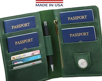 Family passport holder 4 airTag slot document travel wallet green airTag passport leather family passport 6 personalized passport organizer