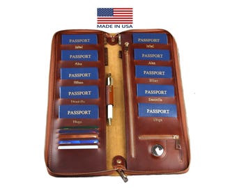 Family passport holder zipper airTag  leather Family travel wallet zipper 10 passport cover leather family passport holds 4 6 8 personalized
