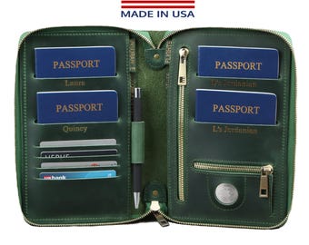 Travel wallet zipper Family passport holder zipper airTag Family 6 passport cover leather green passport holds 4 8 10 personalized passport