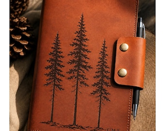 Personalized Leather Journal, Engraved Pine Trees A5 Notebook, Custom Name & Initials, Refillable Travel Journal, Handmade in USA