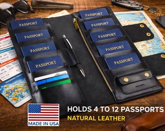 Porta-passaportes familiar 10, carteira de viagem familiar 6 em couro, porta-passaportes familiar 8, comporta de 4 a 12 passaportes, personalizado, preto, organizador de documentos.