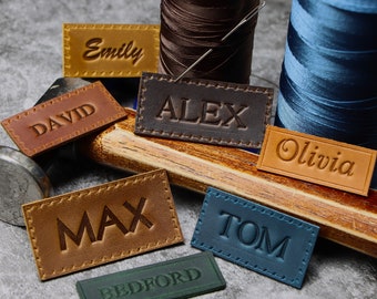 Leather name patch, Leather name tag, Custom leather patch Stitch on patch  Personalized leather patch Stitch on leather tag leather label