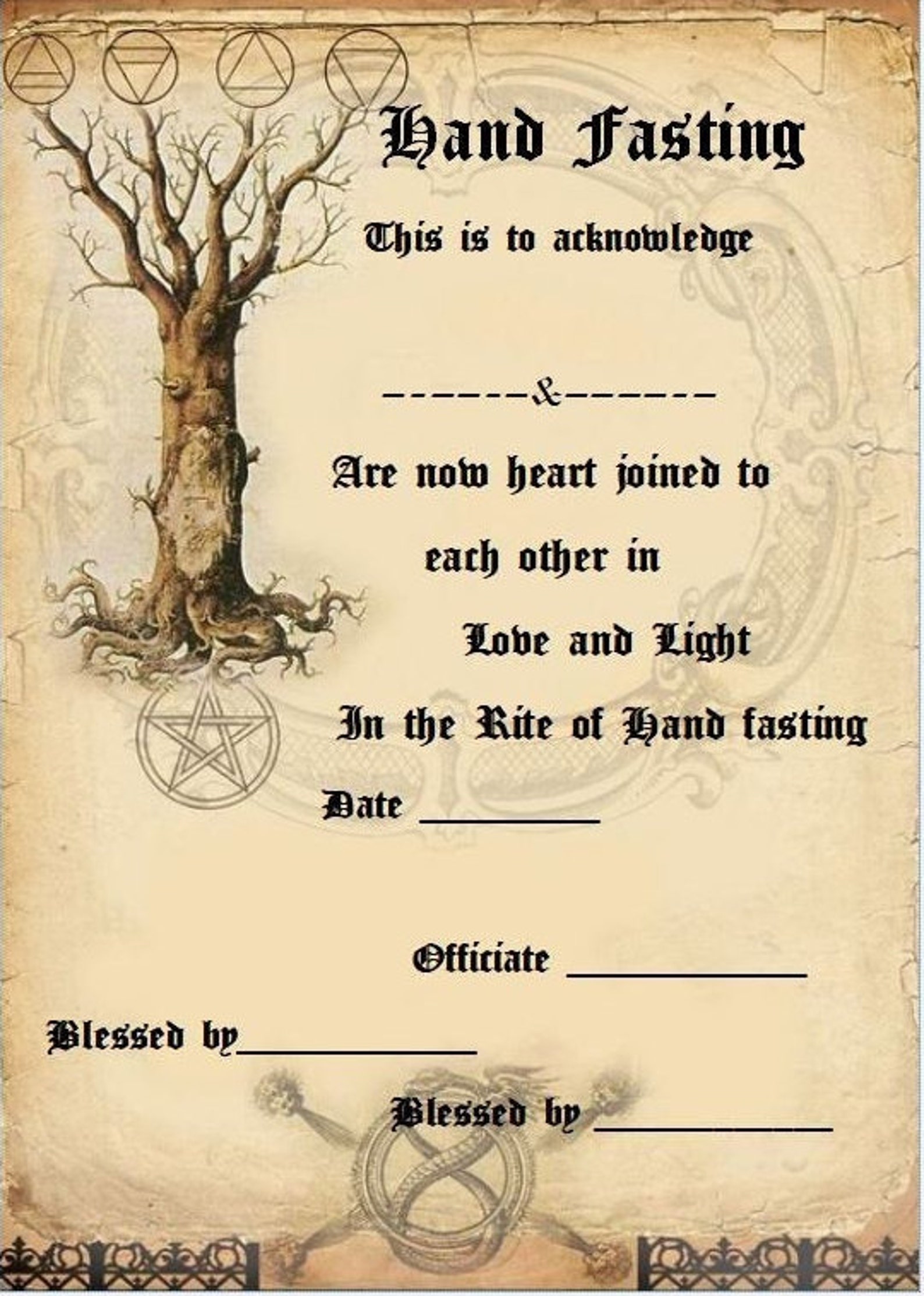 Handfasting Certificate Wedding Marriage Parchment Wicca Pagan Blessed