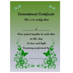 Könnte beinhalten: Eine grüne und graue Verpflichtungsurkunde mit Libellen- und Schmetterlingsdesign. Der Text lautet "Commitment Certificate" und "This is to certify that... were joined together to each other on this day in love and light. Ceremony performed by..."