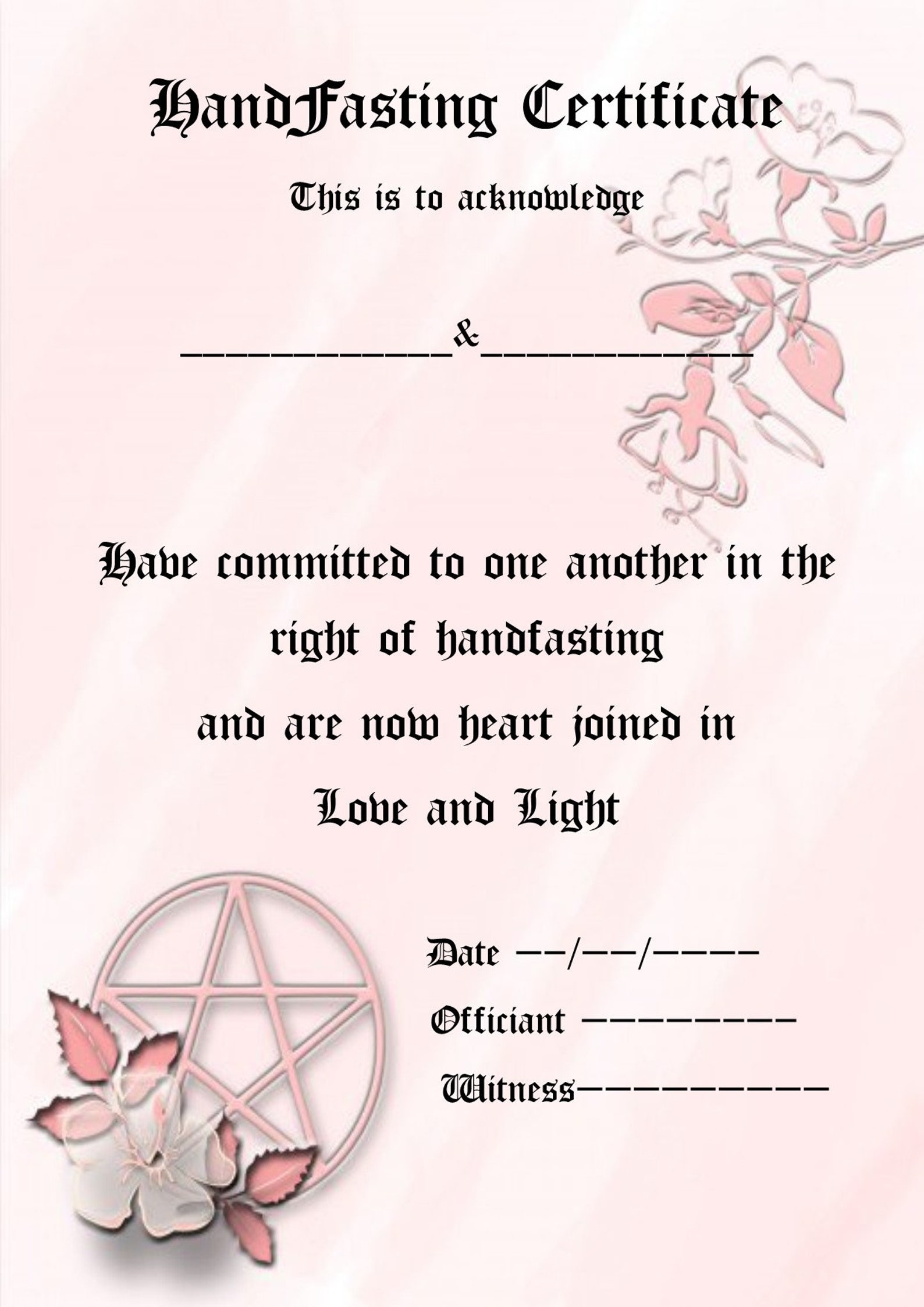 Handfasting Certificate Wedding Marriage Parchment Wicca Pagan Hand Fasting Pentagram - Etsy