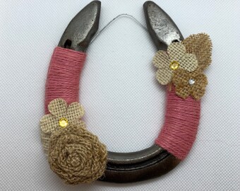 Pink Jute Wrapped Horseshoe with Flowers