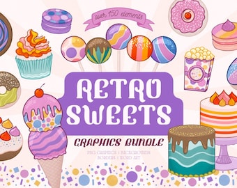 Retro Sweets Clip Art Bundles - Over 150 PNG Files and coordinating graphics - PERSONAL USE