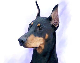Puede incluir: Un Doberman Pinscher negro y marrón con las orejas recortadas, mirando hacia la izquierda. El perro está pintado en un estilo realista con un fondo suave de acuarela.