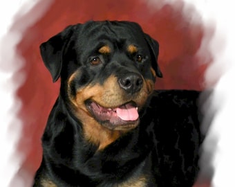 Könnte beinhalten: Ein schwarzer und brauner Rottweiler mit rosa Zunge, der nach rechts schaut. Der Hund sitzt vor einem roten Hintergrund mit weißem Rand.