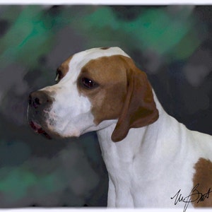 May include: A painted portrait of a Pointer dog, showcasing its profile. The dog has a white coat with brown markings on its head and ears. The background is a blend of dark green and gray hues.