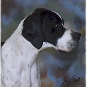 May include: A portrait of a Pointer dog, showcasing its distinctive markings. The dog's head is turned to the side, revealing a black and white coat with speckled patterns. The background is a soft blend of blues and greens.