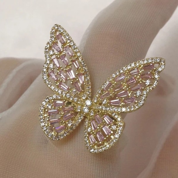 Beautiful Pink & Gold Butterfly Ring | Gift for Her | Cocktail Ring | Statement Ring