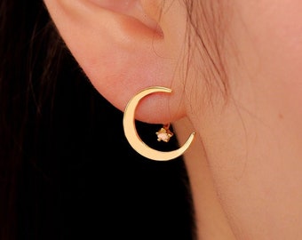 14k Gold OR Silver Moon Earrings | Moon Earrings 925 Sterling Silver | 14k Minimalist Earrings