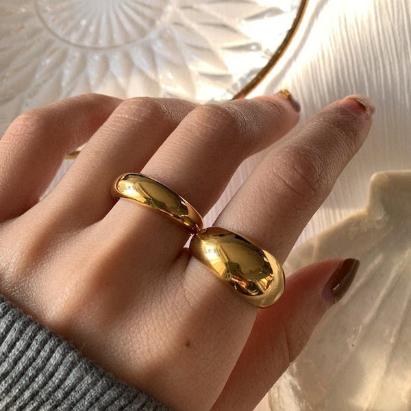 Thin or Thick Dome Chunky 18K Gold Plated Titanium Filled Statement Ring