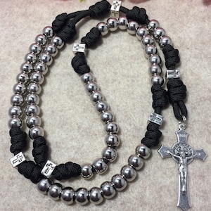 Rugged Paracord Catholic Rosary -Silver beads Catholic Rosary - Durable Rosary  - Handmade