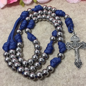 Blue Paracord Catholic Rosary -Silver beads Catholic Rosary - Unbreakable Rosary  - Handmade
