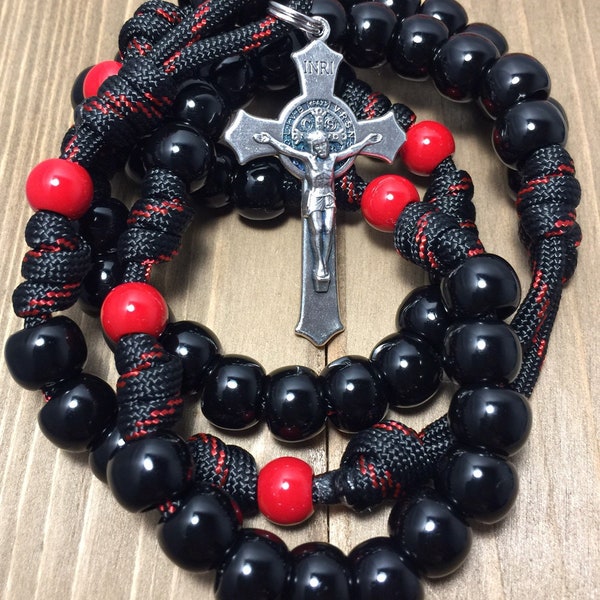 Catholic Rosary, Black/Red beads Catholic Rosary, Durable paracord rosary | Handmade