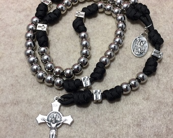 Handmade St. Michael Rosary – Silver Beads, Unbreakable Paracord
