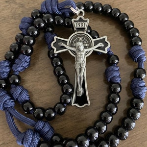 Paracord Catholic Rosary, Black beads Catholic Rosary, Large St Benedict Crucifix, Strong Rosary  - Durable rosary | Handmade