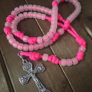Pink Paracord Catholic Rosary, Night Glow Frosted beads, Durable Rosary  - Handmade