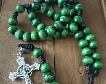 Green Wood Bead Rosary, St Benedict Crucifix, Handmade