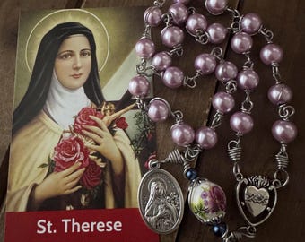 Handmade St. Therese Chaplet pink  Glass Rosary
