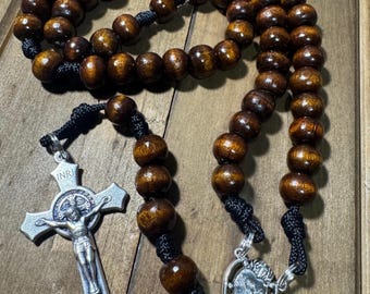 Sacred Heart Rosary, Wooden Beads, St Benedict Crucifix, Handmade