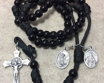 Handmade Black Bead Paracord Rosary | St. Michael & Jude Medals