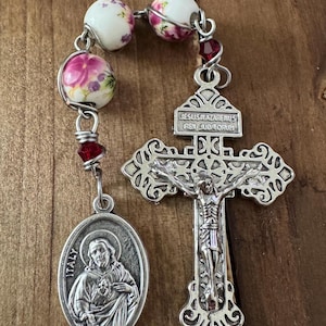 Three Hail Mary Catholic rosary, Sacred Heart of Jesus and Mary Medal - Handmade