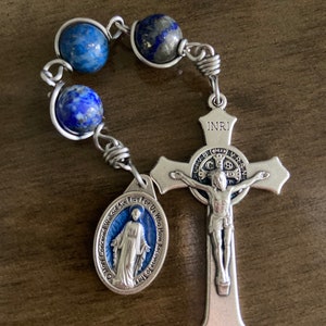 Three Hail Mary Devotion, Blue Miraculous Medal, stainless steel wire wrapped - Handmade