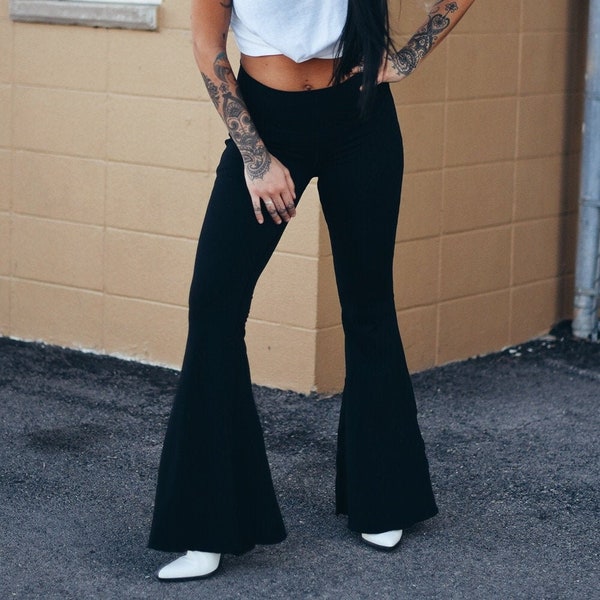 Black High Rise Bell Bottoms High Waisted Solid Black Wide Leg Bell Bottoms Retro High Waist Flares Stretchy Pants Hippie Boho Festival Wear